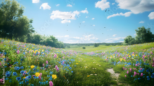 Serene Summer Meadow Path Vibrant Wildflowers and Birds under a Sunny Sky
