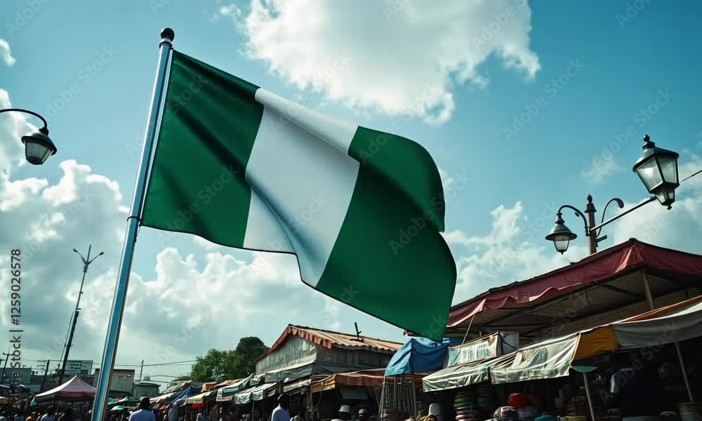 Nigeria national flag footage. Nigeria flag on flagpole waving HD video