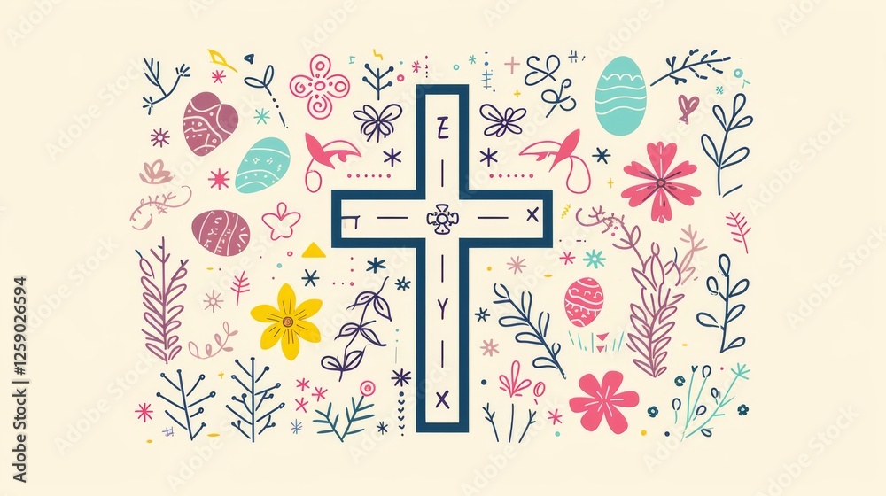 Obraz premium A beautifully illustrated cross is surrounded by colorful floral and Easter-themed elements on a light background. The design evokes joy, faith, and the spirit of celebration.