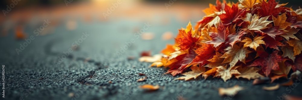 Fallen autumn leaves with a nostalgic mood resting on asphalt road Fallen autumn leaves with a nostalgic mood resting on asphalt road