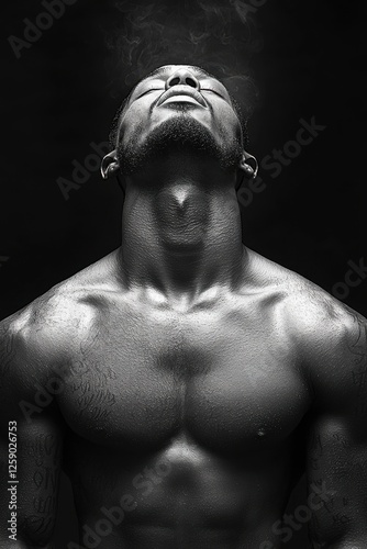 Strong man exhaling steam while enjoying a moment of tranquility in a dark setting