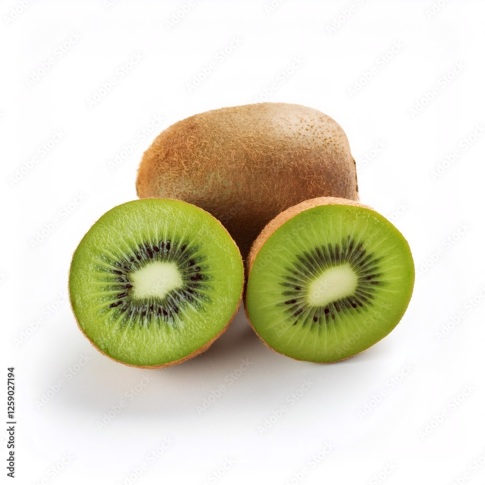Whole kiwi fruit and sliced halves displaying bright green interior with contrasting black seeds against white surface Whole kiwi fruit and sliced halves displaying bright green interior with contrasting black seeds against white surface