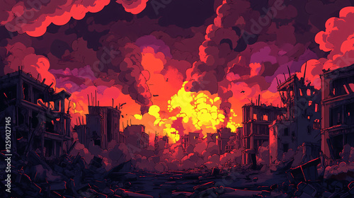 A digital painting of a burning city with towering flames and smoke rising from destroyed buildings creating a dramatic apocalyptic scene
