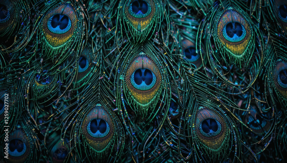 Fototapeta premium Peacock feather pattern with vibrant iridescent hues, intricate details, and mesmerizing textures for luxurious design elements