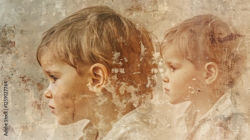 AI-generated profile of a child with layered texture effects, evoking vintage aesthetics and emotional depth, ideal for creative and storytelling projects.