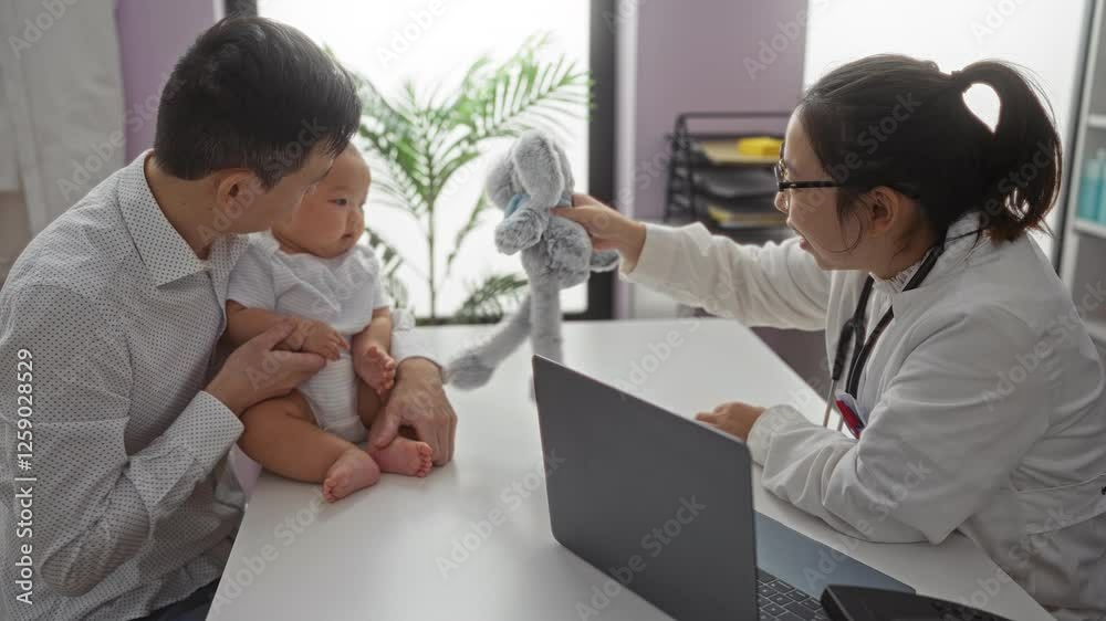 Father holding baby boy in a hospital clinic as a female doctor with glasses shows a stuffed toy, conveying warmth and pediatric care. Father holding baby boy in a hospital clinic as a female doctor with glasses shows a stuffed toy, conveying warmth and pediatric care.