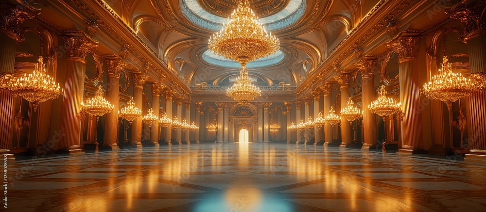 Obraz premium Opulent grand hall adorned with chandeliers, featuring intricate architecture and glowing ambiance