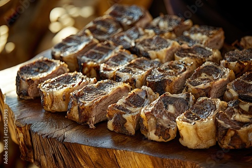 Modern style traditional smoked barbecue wagyu beef brisket served as top view on a wooden design cutting board with Louisiana sauce