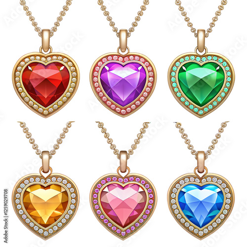 Elegant Heart-Shaped Gemstone Pendant Necklaces: Captivating Jewelry in Vibrant Colors with Precious Metallic Finishes, Perfect for Luxury Branding and Fashion Photography.