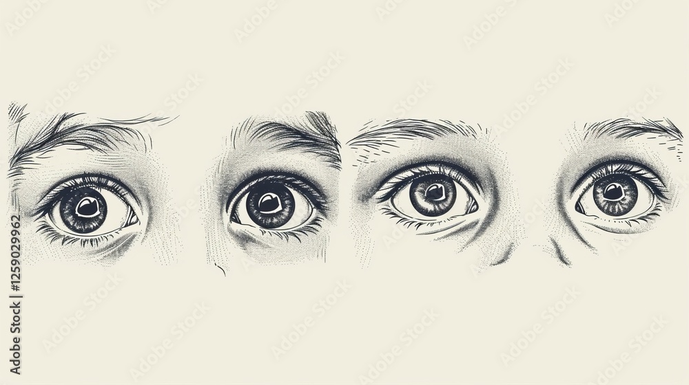 Hand-drawn black and white illustration focusing on a sequence of expressive eyes, conveying curiosity and emotion. Perfect for conceptual projects. AI generated.