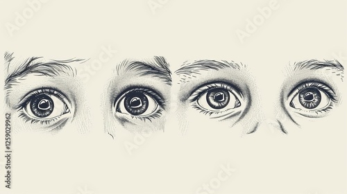 Obraz na płótnie Hand-drawn black and white illustration focusing on a sequence of expressive eyes, conveying curiosity and emotion. Perfect for conceptual projects. AI generated. w salonie