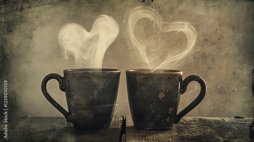 Two rustic coffee mugs with heart-shaped steam rising, evoking warmth, love, and intimacy. Set against a vintage wooden table backdrop. AI generated.