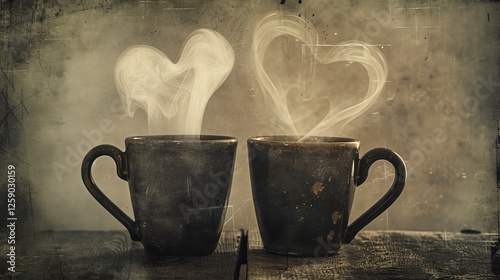 Obraz na płótnie Two rustic coffee mugs with heart-shaped steam rising, evoking warmth, love, and intimacy. Set against a vintage wooden table backdrop. AI generated. w salonie