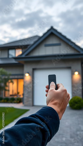 Remote control for door or garage or gate in male hand on white background. Modern technologies and home protection, dinamic scene. with white shades