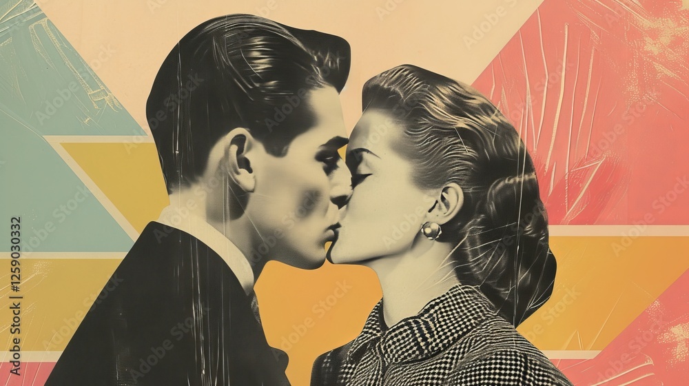 A vintage-inspired digital illustration of a couple sharing a passionate kiss, rendered in a pop art style with bold colors and geometric patterns. AI generated.