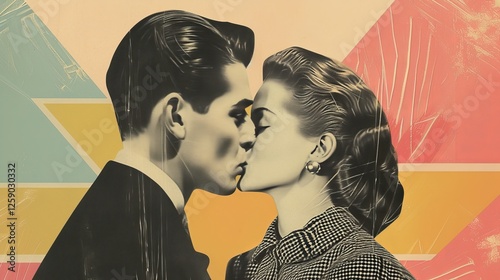 Obraz na płótnie A vintage-inspired digital illustration of a couple sharing a passionate kiss, rendered in a pop art style with bold colors and geometric patterns. AI generated. w salonie