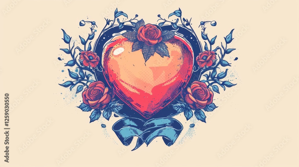 A striking digital illustration of a red heart surrounded by roses and decorative elements, with a bold color palette featuring blue highlights. A dynamic and artistic design. AI generated.