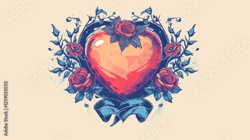 Obraz na płótnie A striking digital illustration of a red heart surrounded by roses and decorative elements, with a bold color palette featuring blue highlights. A dynamic and artistic design. AI generated. w salonie