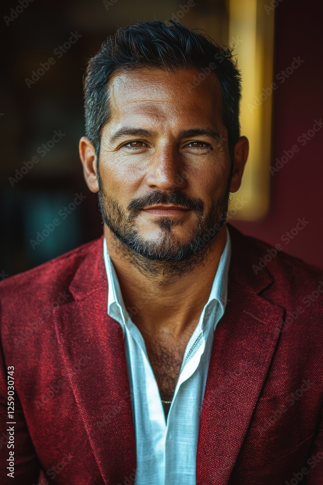 Obraz premium Sophisticated man in maroon jacket poses confidently in a stylish indoor setting during evening hours