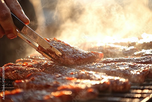 Outdoors, meat is grilled over a barbecue grill with the aroma of grilling filling the air