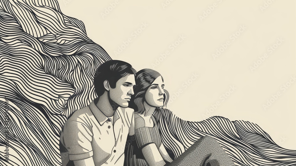 A digital artwork depicting a couple sitting close together, surrounded by flowing abstract lines. The intricate black and white design conveys a contemplative mood. AI generated.