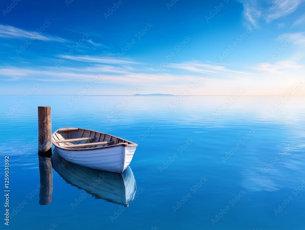 Serene Rowboat Drifting on a Placid Lake under a Clear Sky Serene Rowboat Drifting on a Placid Lake under a Clear Sky