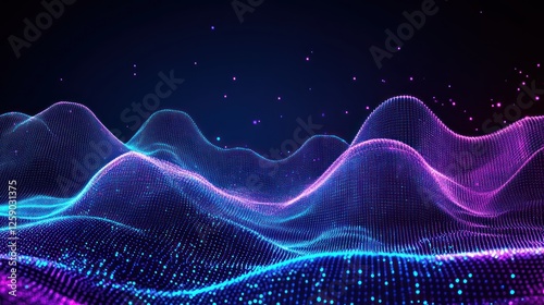 Abstract purple and blue glowing particle wave landscape.