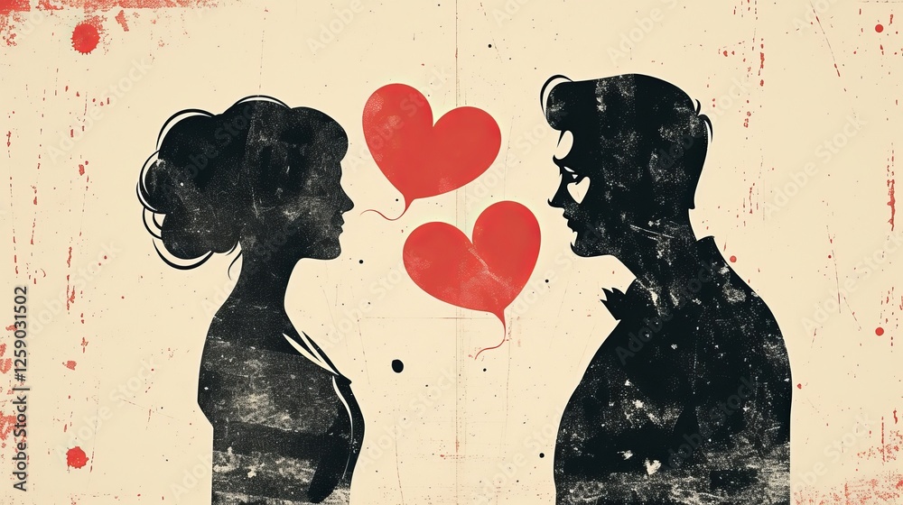 A digital illustration of a silhouetted couple facing each other with floating heart balloons, representing love and romance. The vintage-style design has a worn texture for an aged look. AI generated