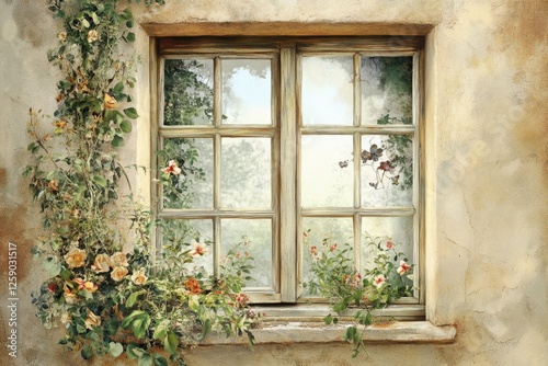 Window framed by climbing plants reveals a serene outdoor view