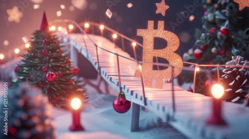 Obraz na płótnie A large golden Bitcoin symbol stands on an illuminated wooden bridge, surrounded by Christmas trees, ornaments, and festive lights, symbolizing cryptocurrency in a holiday setting. AI generated. w salonie