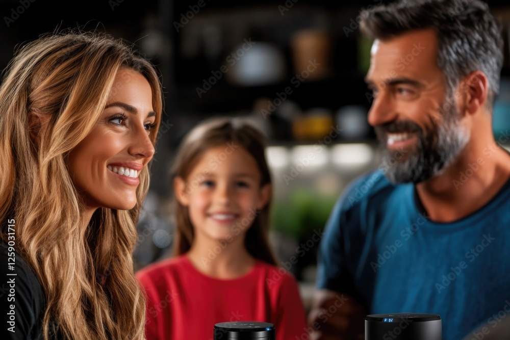 Obraz premium Family enjoying smart home technology with smiling child and parents
