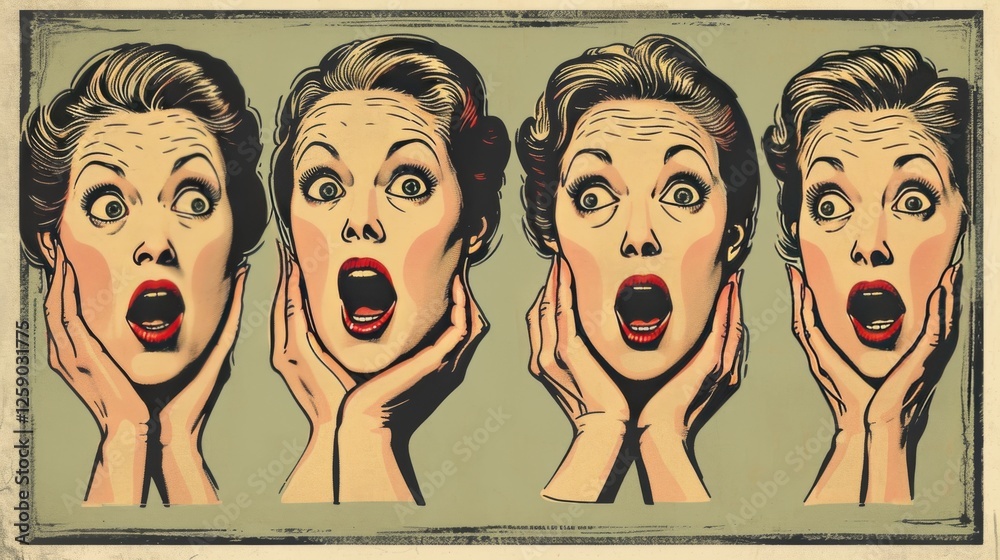 AI-generated vintage comic art featuring repetitive panels of dramatic female expressions, offering a nostalgic and bold graphic style for storytelling projects.