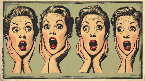 Obraz na płótnie AI-generated vintage comic art featuring repetitive panels of dramatic female expressions, offering a nostalgic and bold graphic style for storytelling projects. w salonie