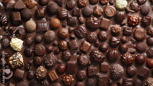 A surface densely covered with assorted chocolates in various shapes and fillings, filling every inch of the frame with their glossy, decadent texture.