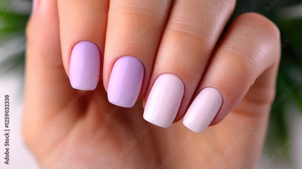 Close-up of lavender gradient manicure on female hand with blurred greenery background Close-up of lavender gradient manicure on female hand with blurred greenery background