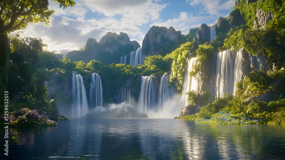 Naklejka premium Serene Paradise Majestic Multi-Tiered Waterfall Cascading into a Tranquil Lagoon
