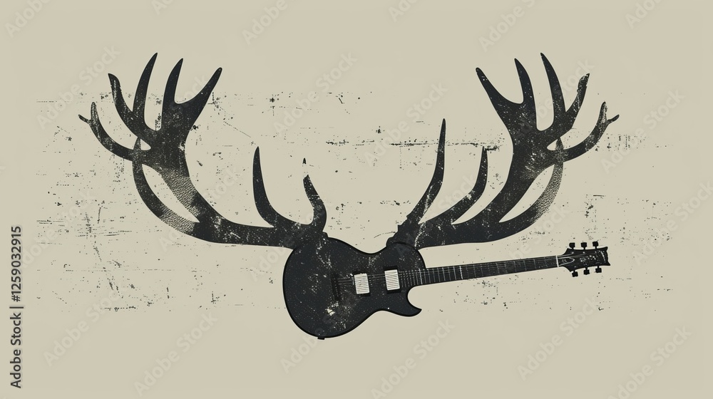 A unique fusion of an electric guitar and deer antlers, set against a textured background. The grunge-style illustration conveys a wild, artistic, and musical energy. AI generated.