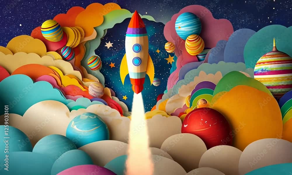 Colorful paper rocket launching through a vibrant cosmic scene filled with planets and clouds