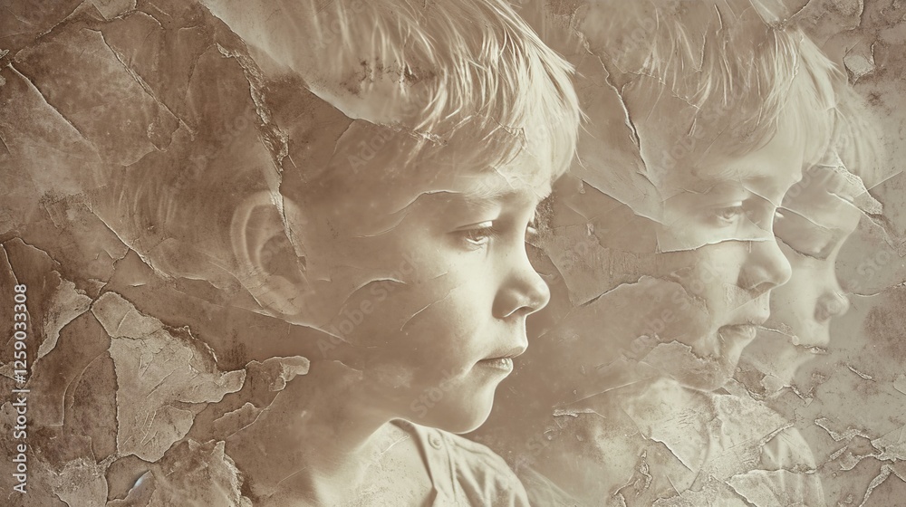 AI-generated profile of a child with layered texture effects, evoking vintage aesthetics and emotional depth, ideal for creative and storytelling projects.