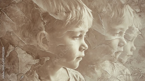 Obraz na płótnie AI-generated profile of a child with layered texture effects, evoking vintage aesthetics and emotional depth, ideal for creative and storytelling projects. w salonie