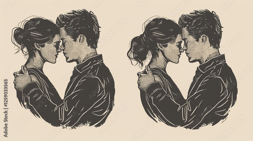 A detailed black-and-white engraving-style digital illustration of a couple embracing. Their intimate pose and classic etching effect create a nostalgic, romantic atmosphere. AI generated.