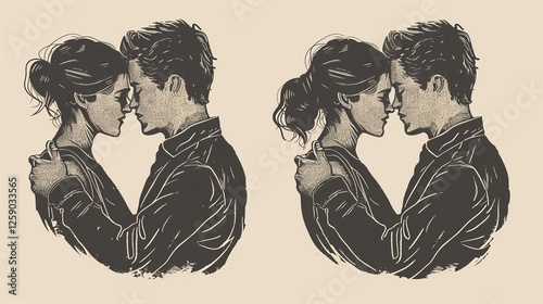 Obraz na płótnie A detailed black-and-white engraving-style digital illustration of a couple embracing. Their intimate pose and classic etching effect create a nostalgic, romantic atmosphere. AI generated. w salonie