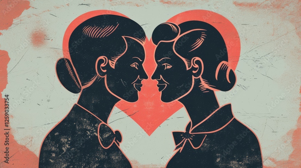 A retro-inspired digital illustration depicting a same-sex couple gazing lovingly at each other with a heart-shaped background. The artwork has a distressed texture for a vintage feel. AI generated.