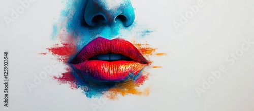 Vibrant close-up of artistic lips with colorful paint splashes on a white background photo