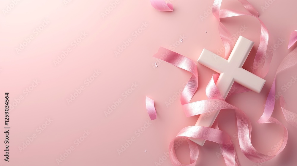 A minimalist 3D-rendered pale pink cross with silky pink ribbons arranged in a flowing composition, set against a soft pastel gradient background, evoking a sense of peace and spirituality. AI