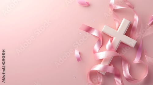 A minimalist 3D-rendered pale pink cross with silky pink ribbons arranged in a flowing composition, set against a soft pastel gradient background, evoking a sense of peace and spirituality. AI