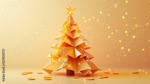 Obraz na płótnie A golden origami Christmas tree with glowing festive sparkles, surrounded by scattered coins, symbolizing wealth, prosperity, and financial success during the holiday season. AI generated. w salonie