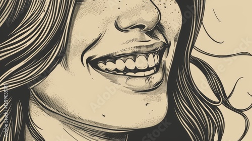 Obraz na płótnie A highly detailed digital illustration of a woman smiling warmly, with flowing hair and expressive line work. The monochrome, vintage-style drawing exudes charm and elegance. AI generated. w salonie