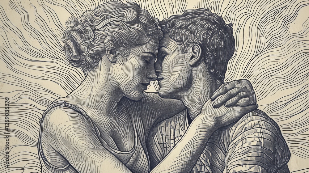 A finely detailed digital illustration of a couple in an intimate embrace, designed in an engraved, vintage style with intricate line work. AI generated.