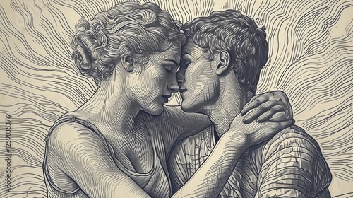 Obraz na płótnie A finely detailed digital illustration of a couple in an intimate embrace, designed in an engraved, vintage style with intricate line work. AI generated. w salonie
